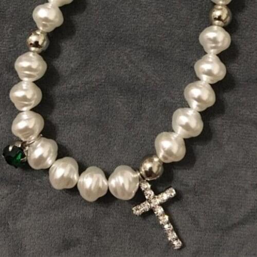 Irregular Imitation Pearls Necklace Elegant Jewelry Rhinestone Cross Crystal Pendant Choker