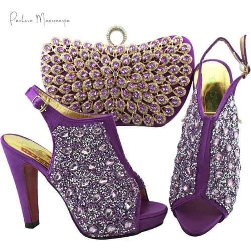 New Arrival Nigerian Fashion Special Style Italian Design Party Purple Color Ladies Shoes and Bag Set Decorated With Rhinestone