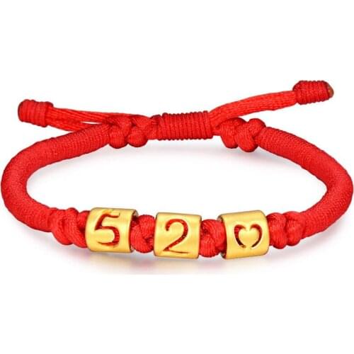 Solid 24k Yellow Gold 3D Lucky 520 LOVE Red Cord Knitted Bracelet 16.5cm