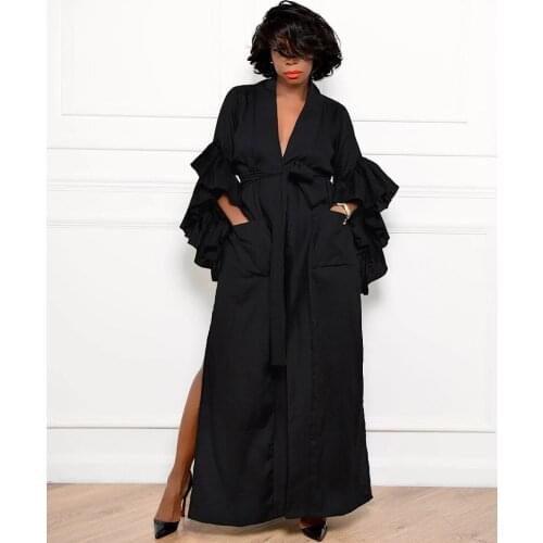 2021 New Arrival Fashion Design Dress Solid Ruffles V-neck Long Sleeve Sexy Celebrity Party Maxi Dress Vestidos