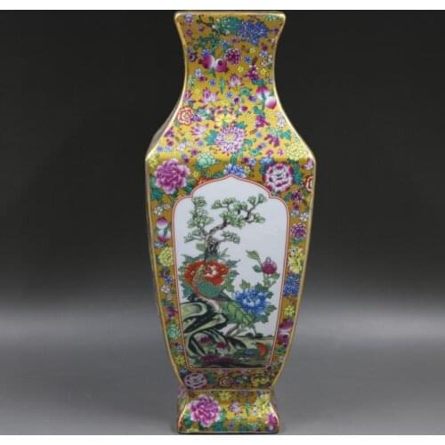 Qianlong Year Mark gold pastel four seasons antique square vase antique home decoration porcelain ornaments antiques collection