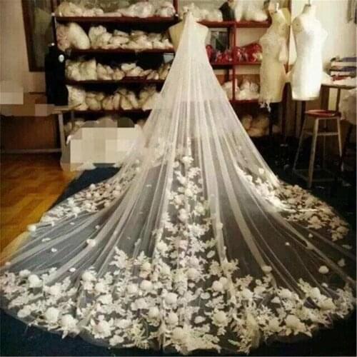 Luxury Cathedral Length Wedding Veil Custom Made 3D Floral Appliques White Ivory Bridal Veils 100% Real Photo