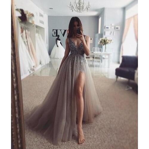 Angelsbridep V-Neck Silver Grey Evening Dresses Sexy Vestidos De Festa Spaghetti Straps Beads Side Split Prom Dress Plus Size