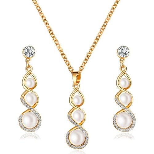 MIQIAO Rose Gold Plated Crystal Pearl Drop Stud Piercing Earring Collar Chain Necklace Jewelry Sets for Women Wedding Gift Boho