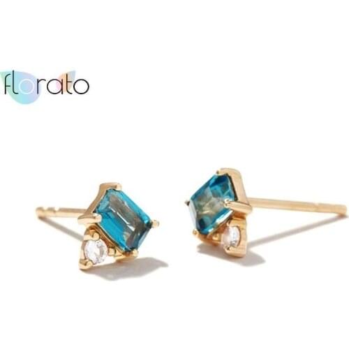 925 Sterling Silver Ear Needle White/Blue Crystal Stud Earrings Minimalist Geometry Square Earrings for Women Fashion Jewelry