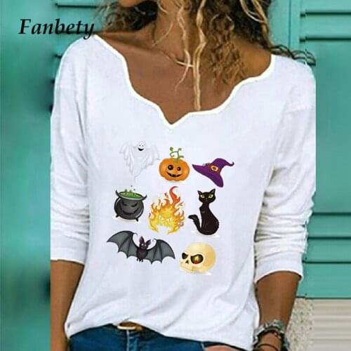 Sexy V-Neck Halloween Print Tee Shirt Fashion Casual Long Sleeve Tops Tshirt Summer Loose Plus Size Women T Shirt Clothing Mujer