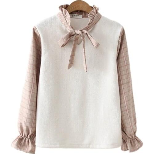 2021 Autumn Women Plaid Patchwork Fake Two Pieces Blouse 2021 Autumn Petal Sleeve Ruffles Collar Lace Up Korean Fashion Tops