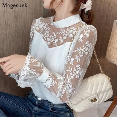 Crochet Lace Chiffon Women Blouses And Shirts Women Long Sleeve Embroidery Female Shirt Tops Casual White Blouse Femme New 13514