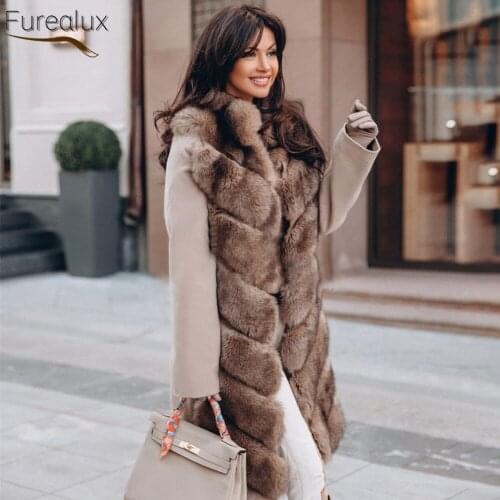 FUREALUX New Real Wool Coat With Natural Twill Fox Fur Collar Autumn Winter Fashion Street Style Thick Warm Womens Clothing