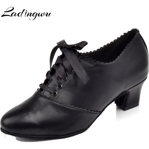 Ladingwu Black Latin Women Dance Shoes Microfiber Synthetic Leather Woman Closed Toe Ballroom Teacher Dance Shoes Heel 5/6/7cm