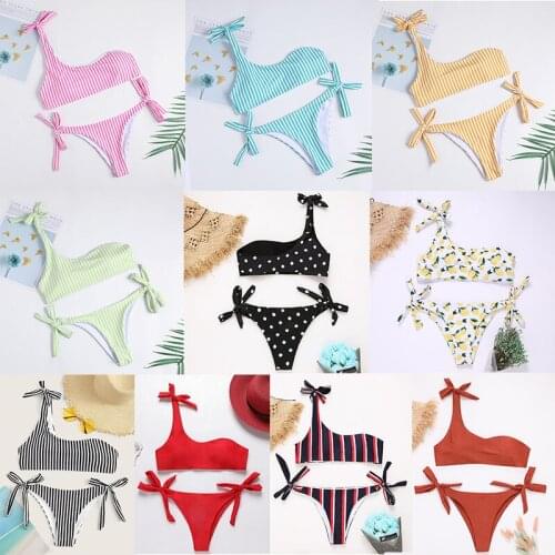 One Shoulder Biquini Sexy Two Pieces Bikinis Swimsuits Women Swimwear Push Up Bathing Suits Striped Printing Swim Suit 2021 New