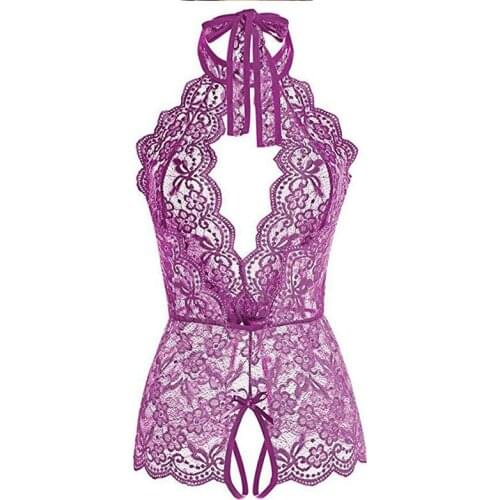 Women Sexy Bodysuit Crochet Lace Sheer Mesh Halter Teddy Fashion Valentines Day Sexy Set Spaghetti Strap Perspective Lingerie