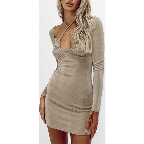 Women Spaghetti Strap Backless Long Sleeves Dress For Summer 2021 Lady Tunic Lace Up Mini Party Solid Simple Dress New Fashion