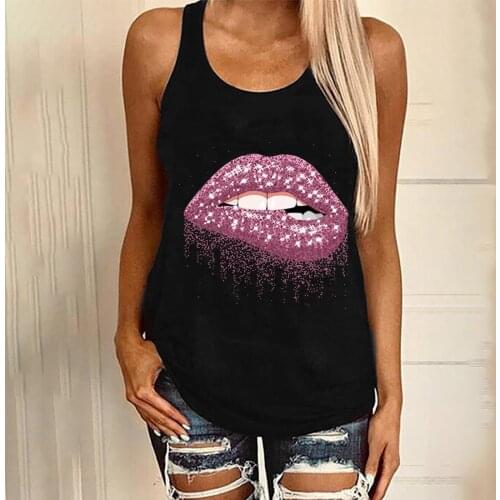 25# Sleeveless Vintage Tanks Womens Lips Printed Casual Fashion Plus Size Top Round Neck Colorful Summer Camis Топ Женский