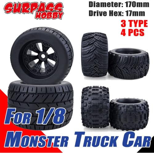 SURPASS HOBBY 4PCS 170MM Tyre Weel Monster Truck Tires Wheels Set 17mm Hub Hex for 1/8 RC Car Redcat Rovan Savage Traxxas Trx4