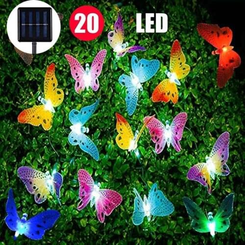 5M Fiber Optic 20 LED Butterfly Solar String Lights Outdoor Waterpoof Solar Powered Fairy Lights Bedroom Garden Christmas Decor