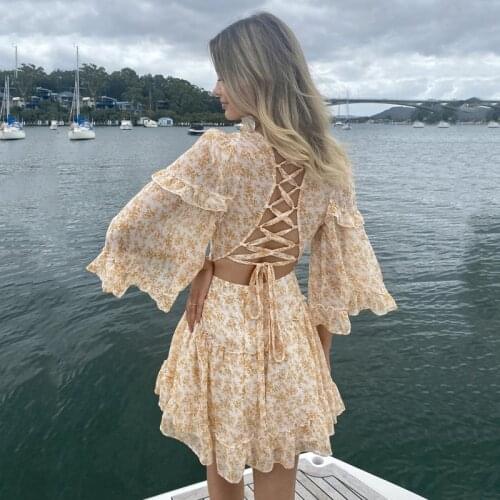 Ardm V Neck Floral Print Backless платьел етнее2021 Chiffon Dresses Ruffled Puff Sleeves Party Mini Dress Sweet Princess Dress