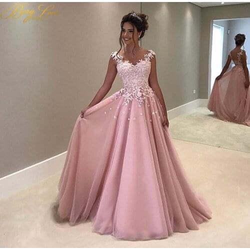 Berylove Pink Lace Prom Dress High Waist Tulle Satin Evening Dress Sweetheart Floral Strap Party Dress Formal vestidos de fiesta