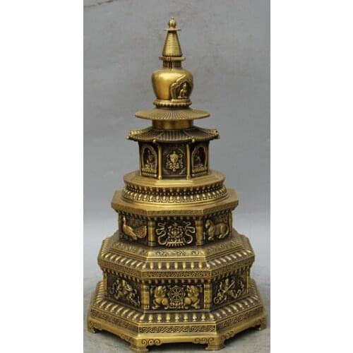 Free Shipping 16" Tibet Tibetan Buddhism 8 Auspicious Symbol Beast phoenix Stupa Pagoda Tower 40cm