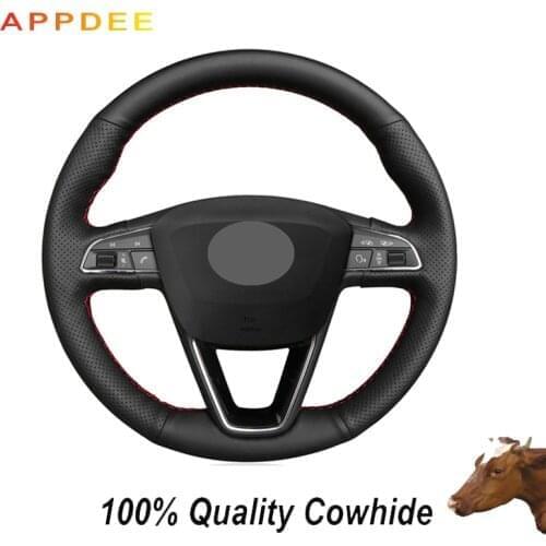 Black Genuine Leather Steering Wheel Cover for seat ibiza leon 5f mk3 2013-15 2016 2017 2018 2019 ibiza 6j tarraco arona ateca