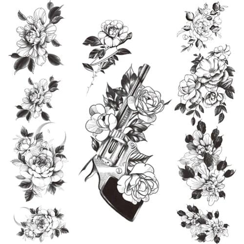 Black AK47 Gun Flower Temporary Tattoo For Women Camellia Branch Tattoos Sweatpea Arm Hands Peony Floral Waterproof Tatoo Sheets