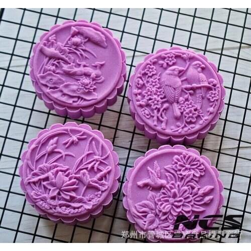150g round shape flower bird design Mooncake mung bean cake Molds mould with 4 Stamps plastic hand pressure , 50sets/lot