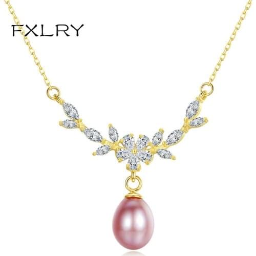 FXLRY Silver color Fancy Flower Natural Pearl Pendant Necklaces Jewelry Women Bridal Wedding Jewelry