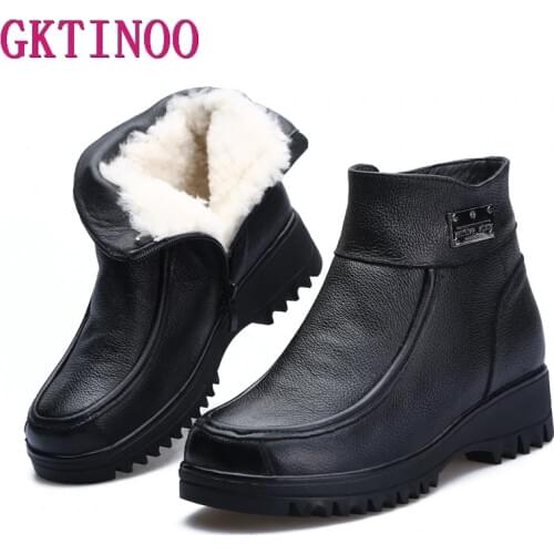 GKTINOO 2019 New Winter Ankle Boots Women Snow Boots Natural Wool Genuine Leather Wedges Platform Heel Zipper Warm Short Boots