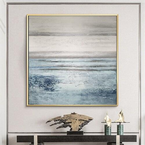 Hand-painted oil painting abstract earth and sky light blue off-white tone canvas painting home decoration living room porch art