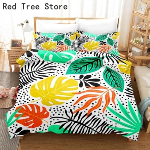 Colorful Tropical Leaves Printed Duvet Cover Pillowcase Bedding Set King Queen Full Twin Size Bed Linen Luxury 2/3pcs Bedspread