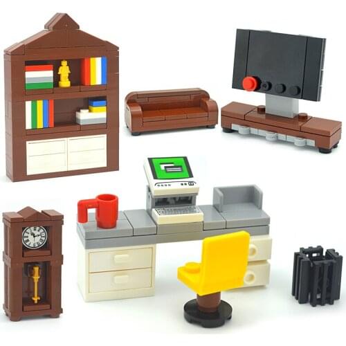 MOC Creative Building Blocks Desk Bookcase Fish Tank Bathtub Set Building Blocks Child Creative DIY Scene Building Block Toys