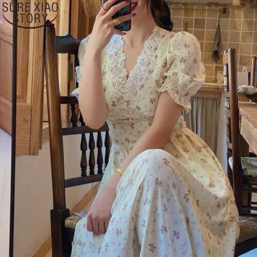 Korean Party Maxi Dress Puff Sleeve V Neck Midi Long Dress Vintage Dress Women Sweet Lace Chiffon Summer Dresses for Women 13574