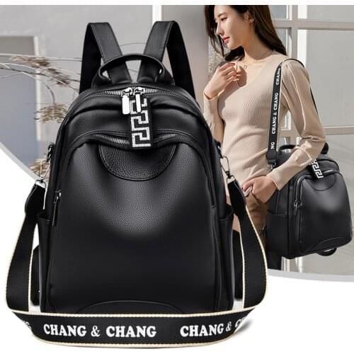 Casual Black Womens Backpack High Quality Soft Leather Backpack Multifunction Knapsack Letter School Backpacks for Teenage Girl