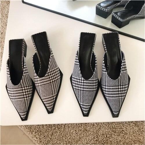 Bailamos Fashion Mules Square Med Heel Pointed Toe Slipper Slip On Shallow Slides Shoes Houndstooth Outdoor Slipper Shoes