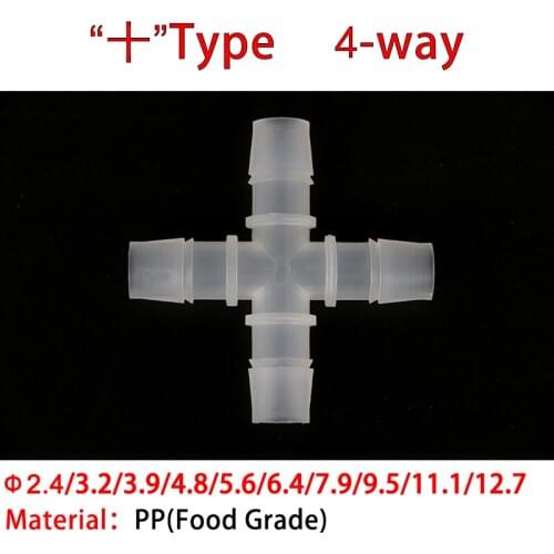 Dia 2.4mm ~ 20mm Water PP Connector Food Grade + Type 4-way Splitter Pipe Tube Hose irrigate Joint Adapter Tapered Head Clear