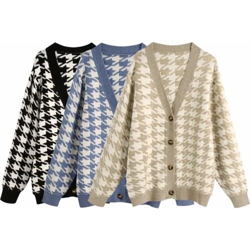 Vintage V-Neck Plaid Oversize Knitted Sweater Winter Clothing College Slim Long Sleeve Cardigan Sweater Casual Loose Chic Top