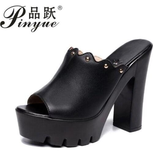 Platform Shoes Woman Summer Slippers Super High Heels Leather Slides Women Slippers Plus Size 32-43
