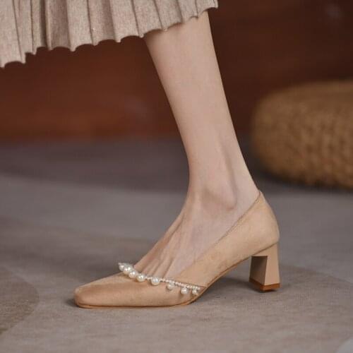 2021 Women Pumps Square Toe Block Heels Flock Slip-On Classic Pearl Elegent Big Size 48 Casual Office A3829