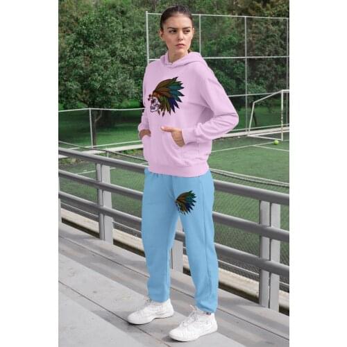 Angemiel Wear Feather Indian Crossbones Women Tracksuit Set Pink Hooded Sweatshirt Blue Sweatpants