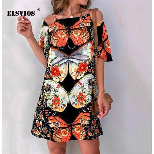 Beautiful Butterfly Print Flared Sleeves Dresses Sexy Off Shoulder Hollow out Dress Women Elegant Spaghetti Strap Party Dresses