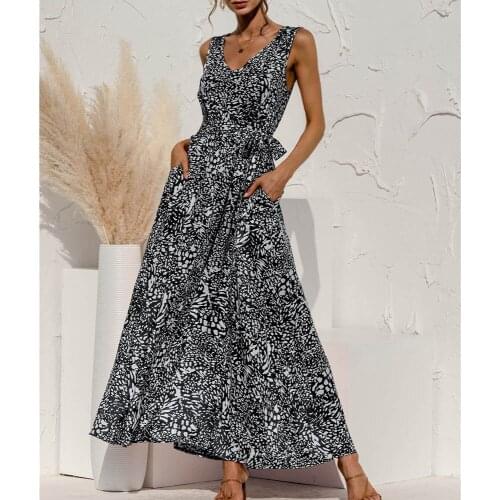 Leopard Print Boho Long Vest Dress Women Summer V Neck Sashes Lace Up Casual Sleeveless Beach Holiday Maxi Dresses 2021 Female
