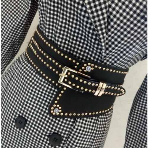 Womens runway fashion rivet PU leather elastic Cummerbunds female Dress Corsets Waistband Belts decoration wide belt R3260
