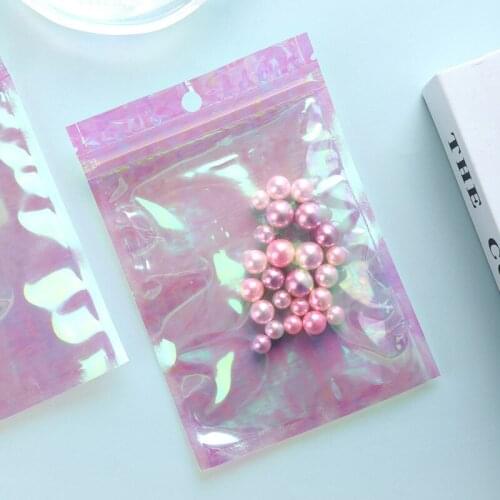 100pcs Reclosable Holographic Pink Zipper Packaging Bag Cosmetic Jewelry Pouches Laser Small Plastic Zip Lock Self sealing bag