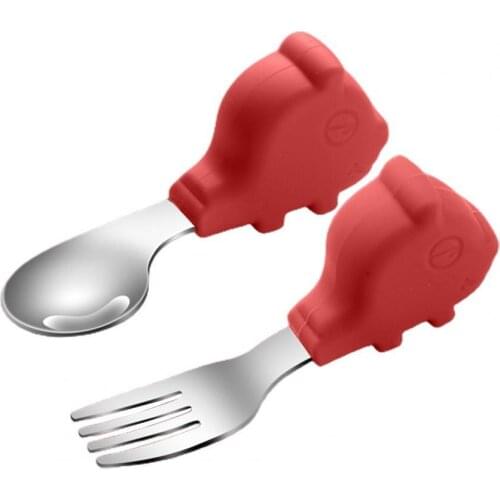 2Pcs/Set Baby Dinnerware Non-slip Handle Anti-scald Stainless Steel Training Spoon Fork Set Solid Feeding Utensils