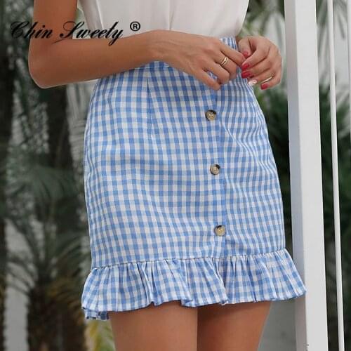 2021 Summer Check Mini Skirt Women Ruffle Button Checked Skirts High Waist A-line Short Skirt Female Fashion Beach Lady Bottoms