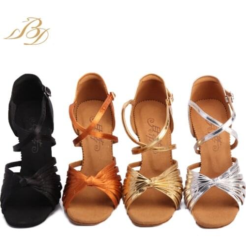 BD dance shoes Latin dance shoes female adult soft sole middle heel silver professional dance shoes satin 2398 Free Shipping
