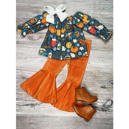 FOCUSNORM 2pcs Kids Girls Halloween Clothes Sets 0-4Y Cartoon Printed Long Sleeve Tops Solid Flare Pants