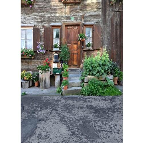 Retro Wooden Building Plant Potted Flower Photographic Backgrounds Photo Studio Backdrop for Children Portait Photoshoot Props