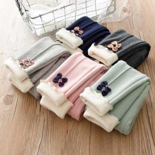 New Korean Kids Plus velvet Legging Girls Bow Decoration Trousers Autumn Winter Child Solid color Elasticity Slim Girls Pants