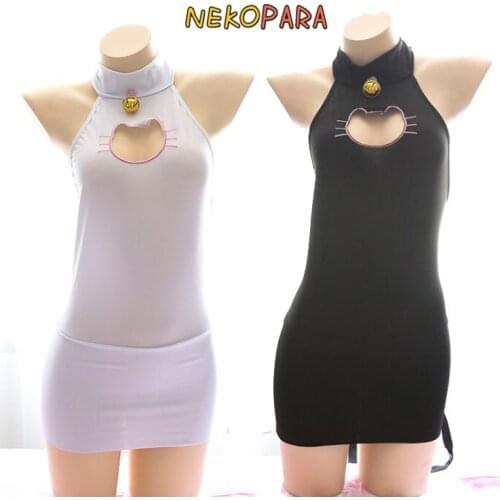 Cat Keyhole Chest Hollow Out Cute Womens Exotic White Dress Neko Tail Sexy Exotic Apparel White & Black